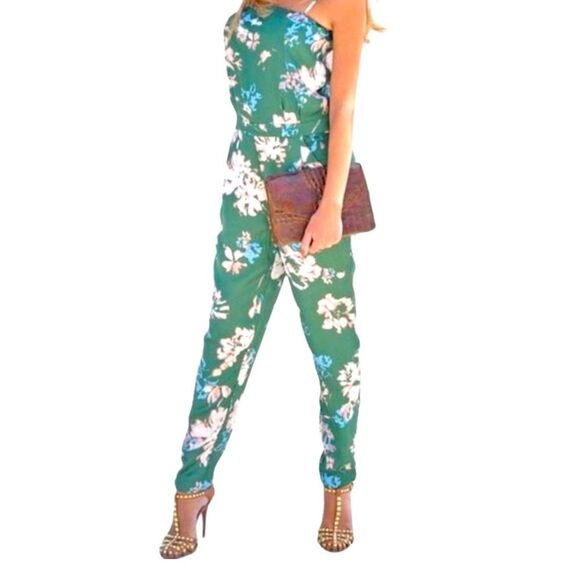 Jaase green pants romper with floral pattern size small - Picture 2 of 11